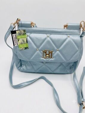 New Badgley Mischka Light Blue Quilted Vegan Leather Crossbody with Gold Hardwar
